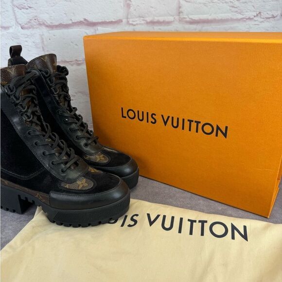 Louis Vuitton LV Monogram Suede Loreate Platform Desert Combat Boots 6.5 - Picture 14 of 15